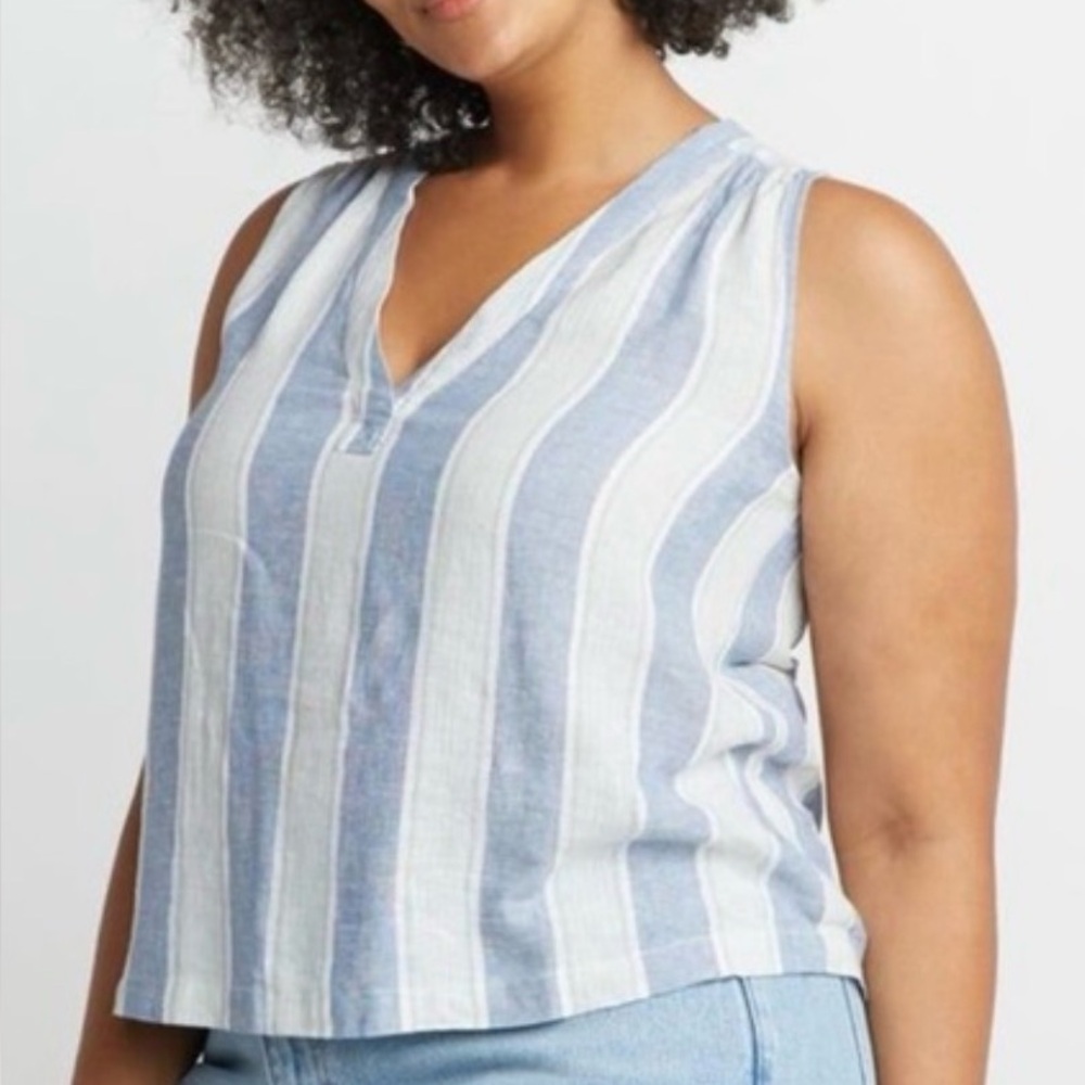 Marine Layer Sleeveless Striped Top Blue White Lightweight V-Neck Relaxed Fit